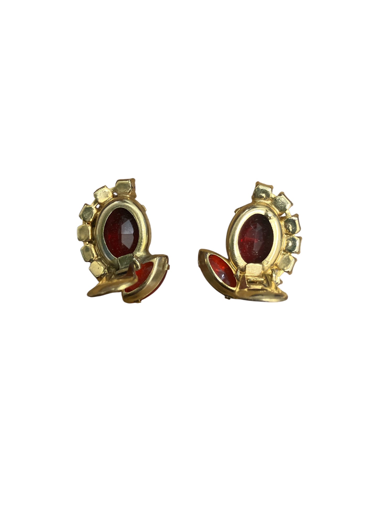 Vintage Midcentury Rhinestone Clip on Earrings Red and Pink with Gold Open Back