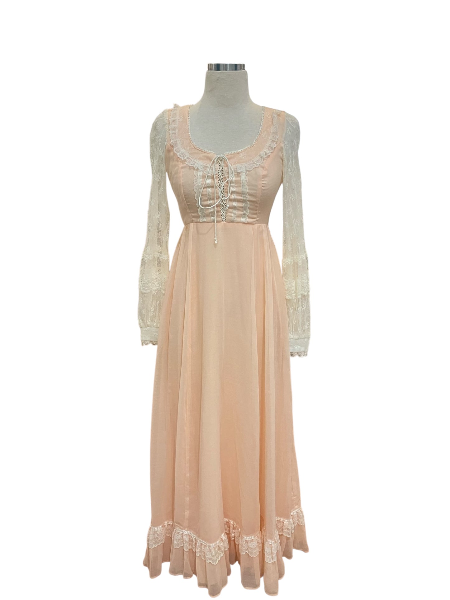 Vintage Gunne Sax Pale Pink Cotton Voile Lace Up Prairie Dress with Scoop Neck and Lace Sleeves