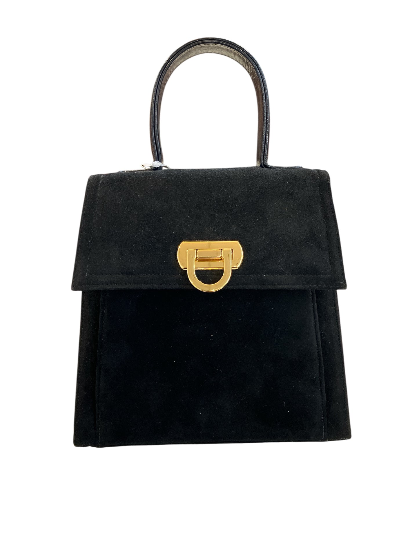 Vintage Frenchy of California Black Suede Bag With Calfskin Leather Accents and Gold Hardware Detachable Crossbody Strap Ferragamo Style