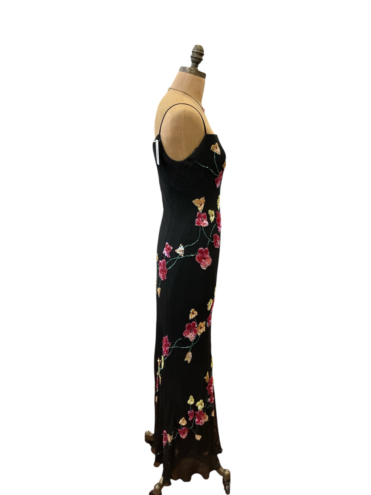Vintage 1990s Marina Black Silk Spaghetti Strap Bias Cut Pink Floral Beaded Evening Dress