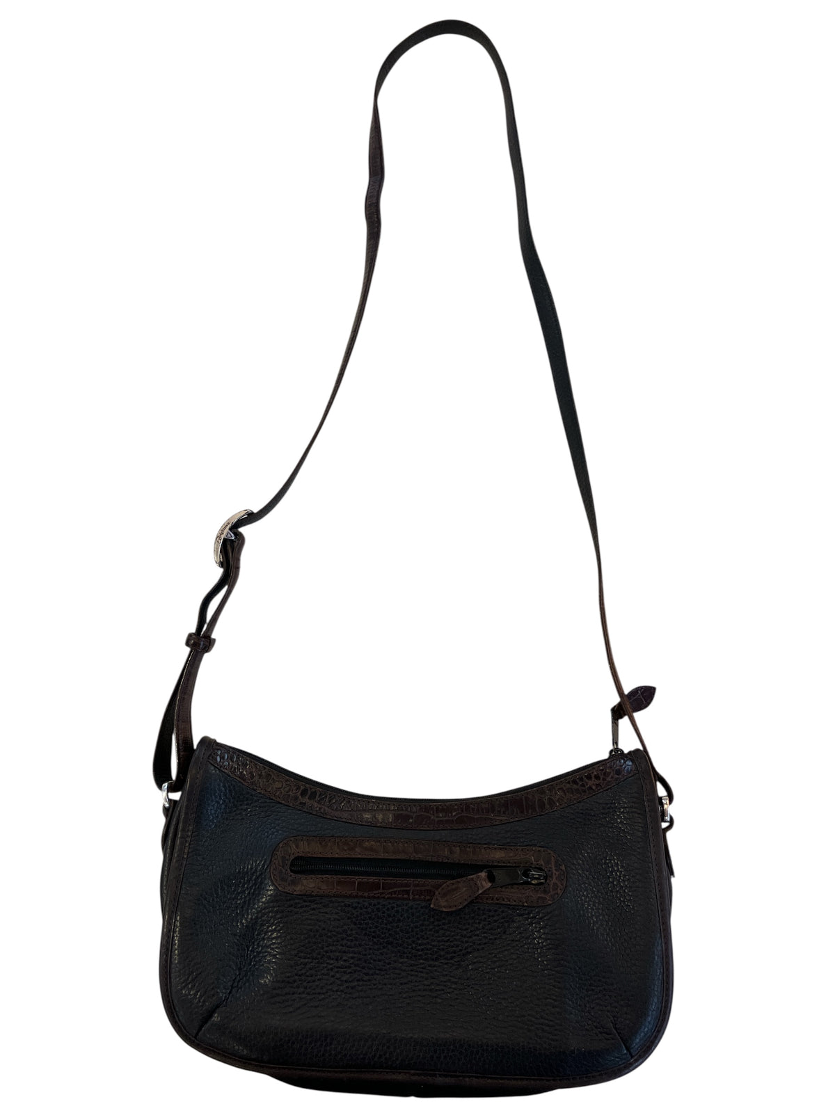 Vintage Brighton Crossbody Bag Black Pebble Leather with Dark Brown Trim Silver Hardware