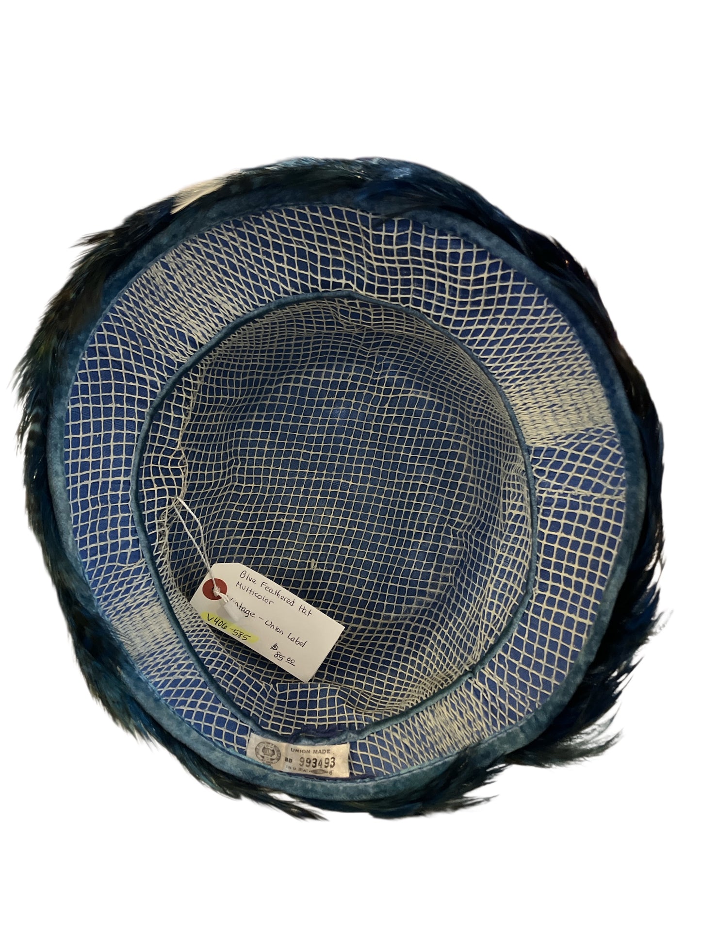 Vintage 1950s/1960s Union Made Feather Hat Dyed Blue