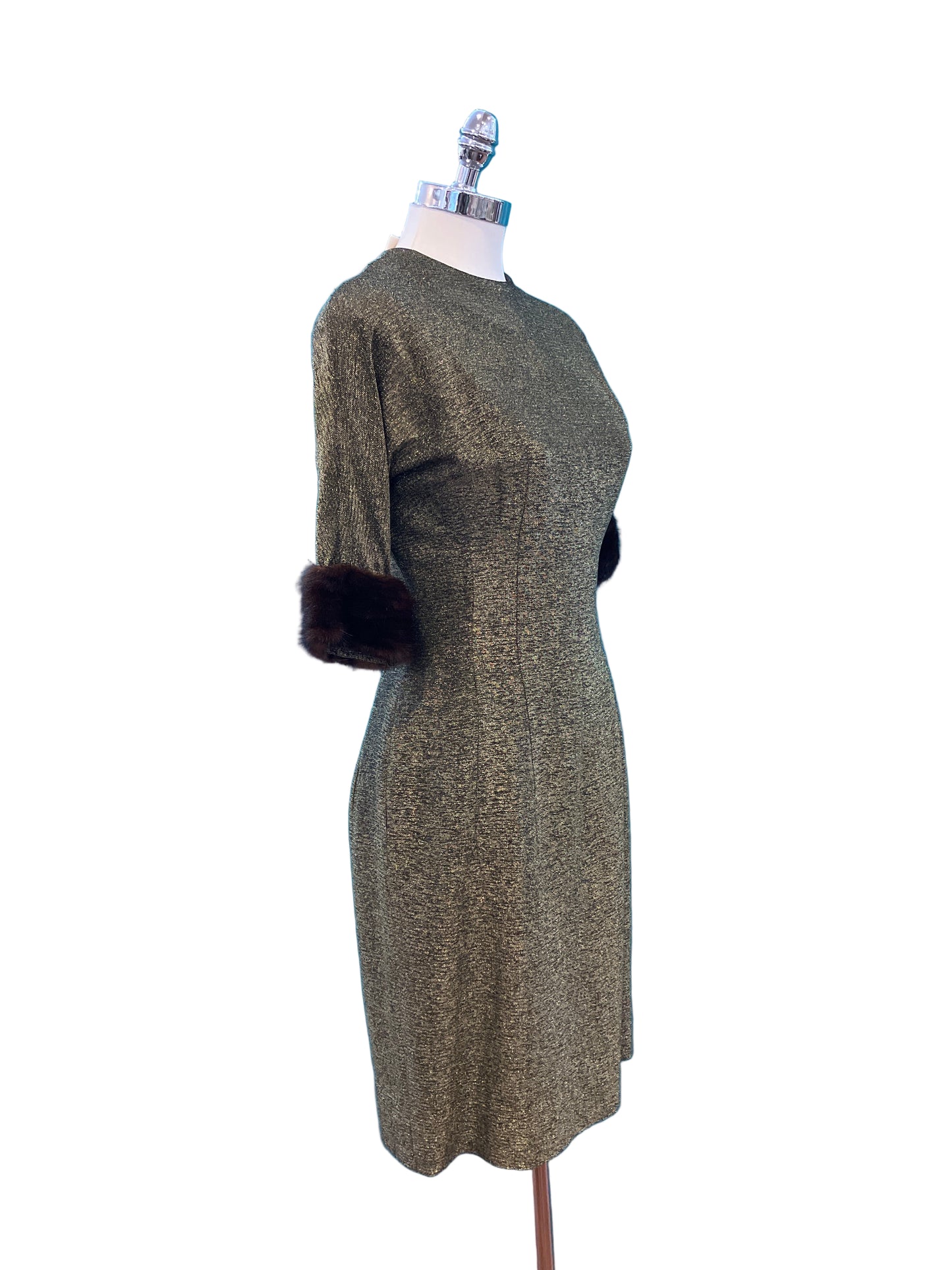 Vintage Jackie Morgan 1950s Metallic Dress with Fur Cuffs