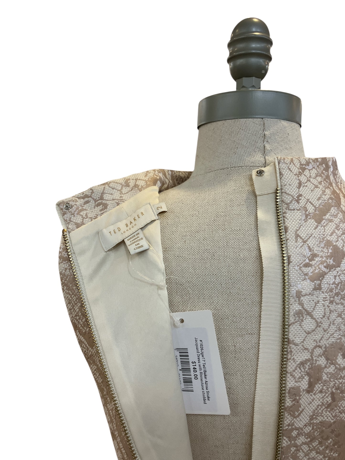 Designer Ted Baker London Beige Rose Gold Snake Print Cocktail Dress Zip Up Rhinestone Belt Detail