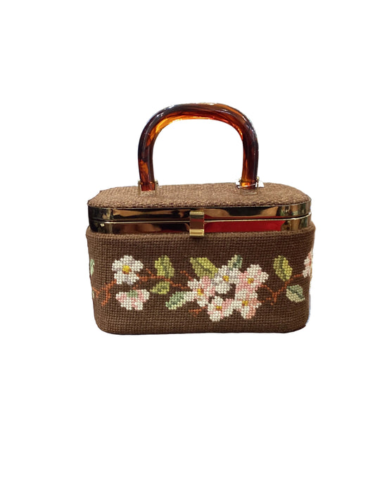 Vintage 1950s Brown Floral Needlepoint JR Florida Handbag Hard Shell Lucite Handle Fabric Lining
