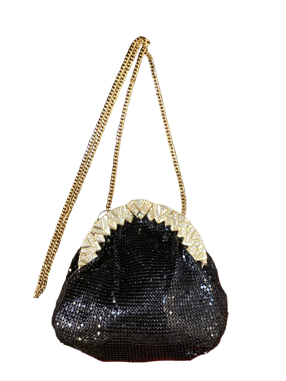 Vintage Whiting & Davis Black Mesh Gold Clasp with Rhinestones Evening Purse with Crossbody Chain Strap
