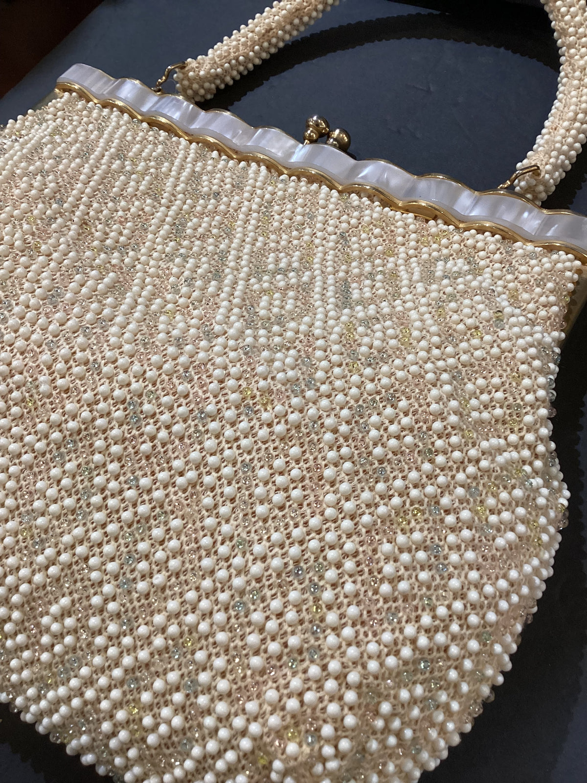 Vintage Soft Ivory Kisslock Beaded Purse with Faux Pearls Pastel Beads White Lucite Gold Accents