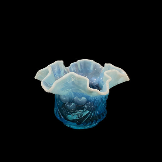 Gorgeous Vintage Blue Opalescent Small Vase with Cherry Pattern Turquoise Color Electric Blue Ombré to Light Blue White Edge (1pc)