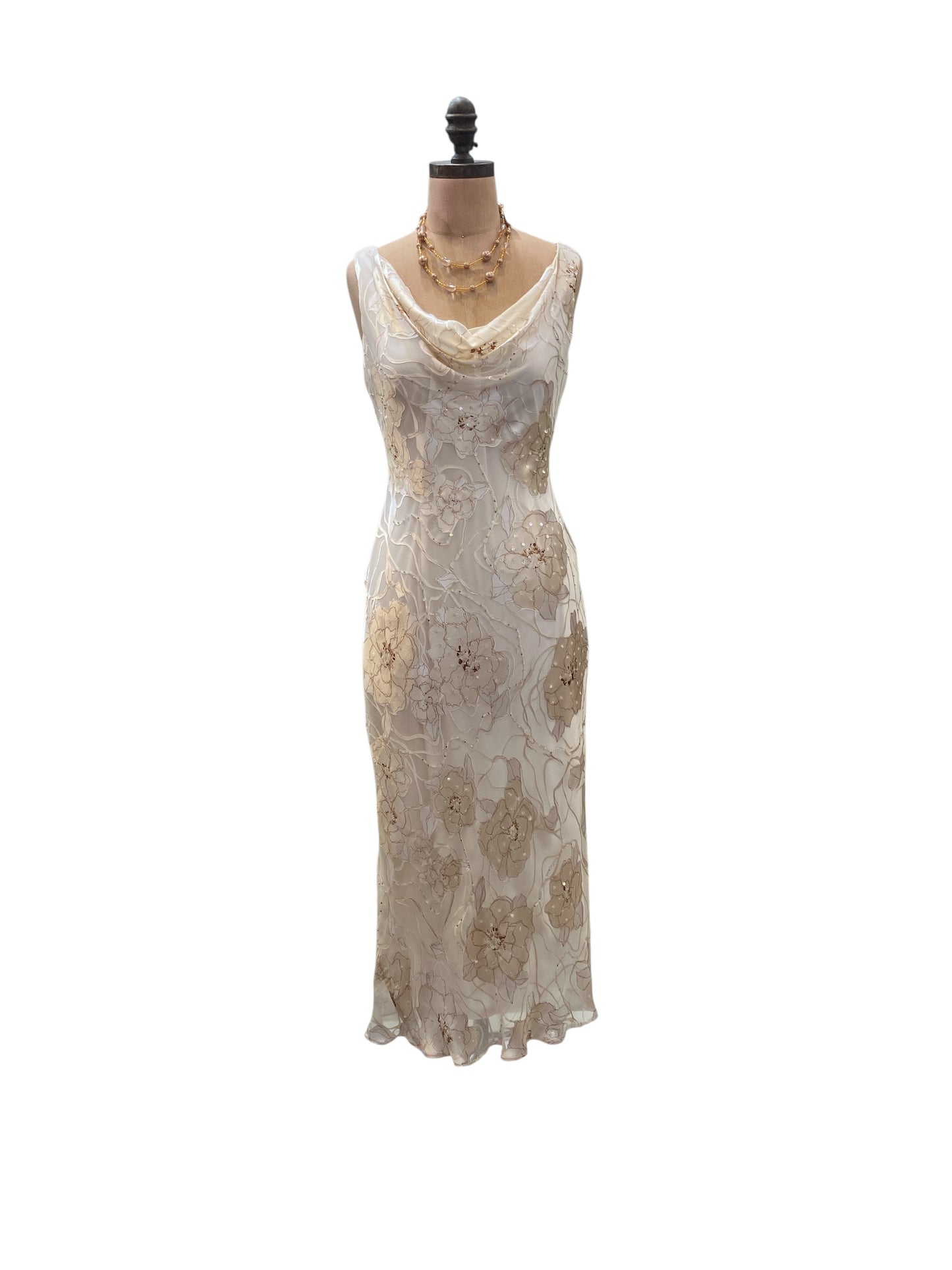 Vintage 1990s Alex Evenings Silk Blend Bias Cut Ivory And Champagne Floral Beaded Cocktail Dress with Matching Scarf