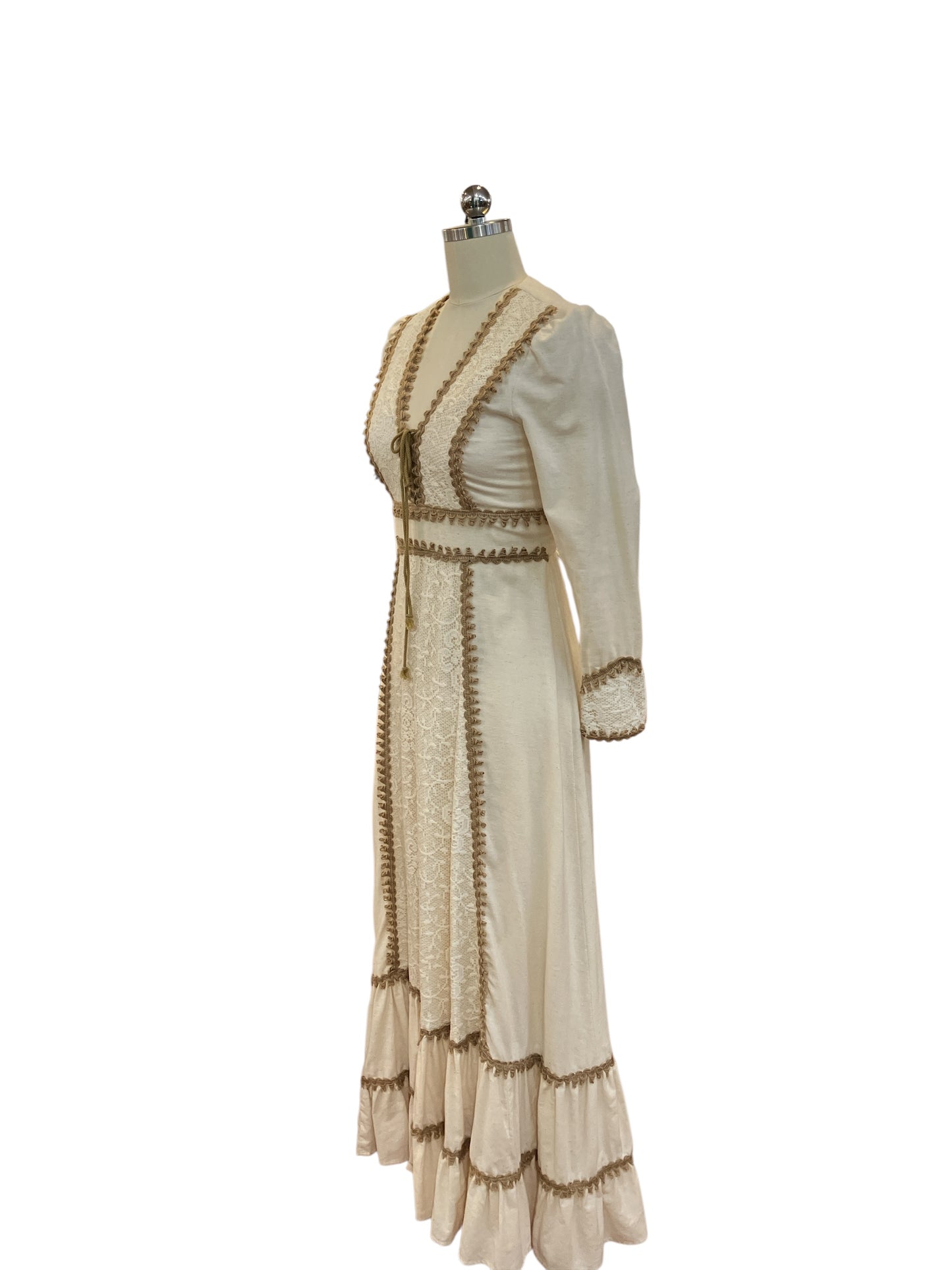 Vintage Gunne Sax by Jessica Gold Label Muslin Renaissance Style Dress with Jute Trim Natural Unbleached Cotton Boho Wedding Dress Size 11