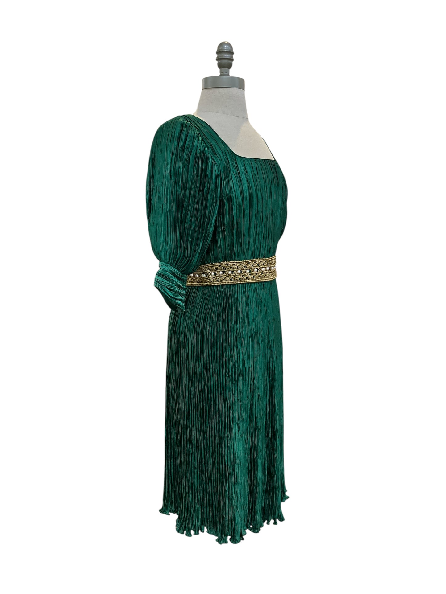 Vintage Designer Mary McFadden Couture 1980s Puffed Sleeves Dark Green Crimped Silk Cocktail Dress with Gold Belt Detail Princess Diana Style