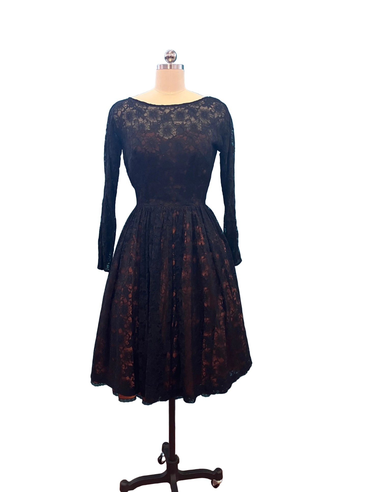 Vintage 1950s Ellen Kaye Black Lace Dress with Orange Lining