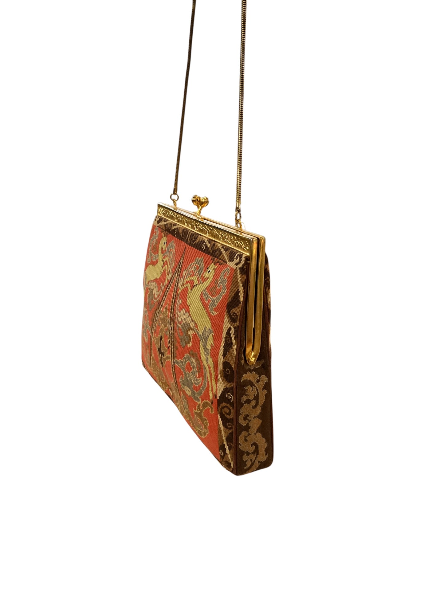 Vintage Petit Point Gold Hardware Kisslock Purse with Deer and Clouds