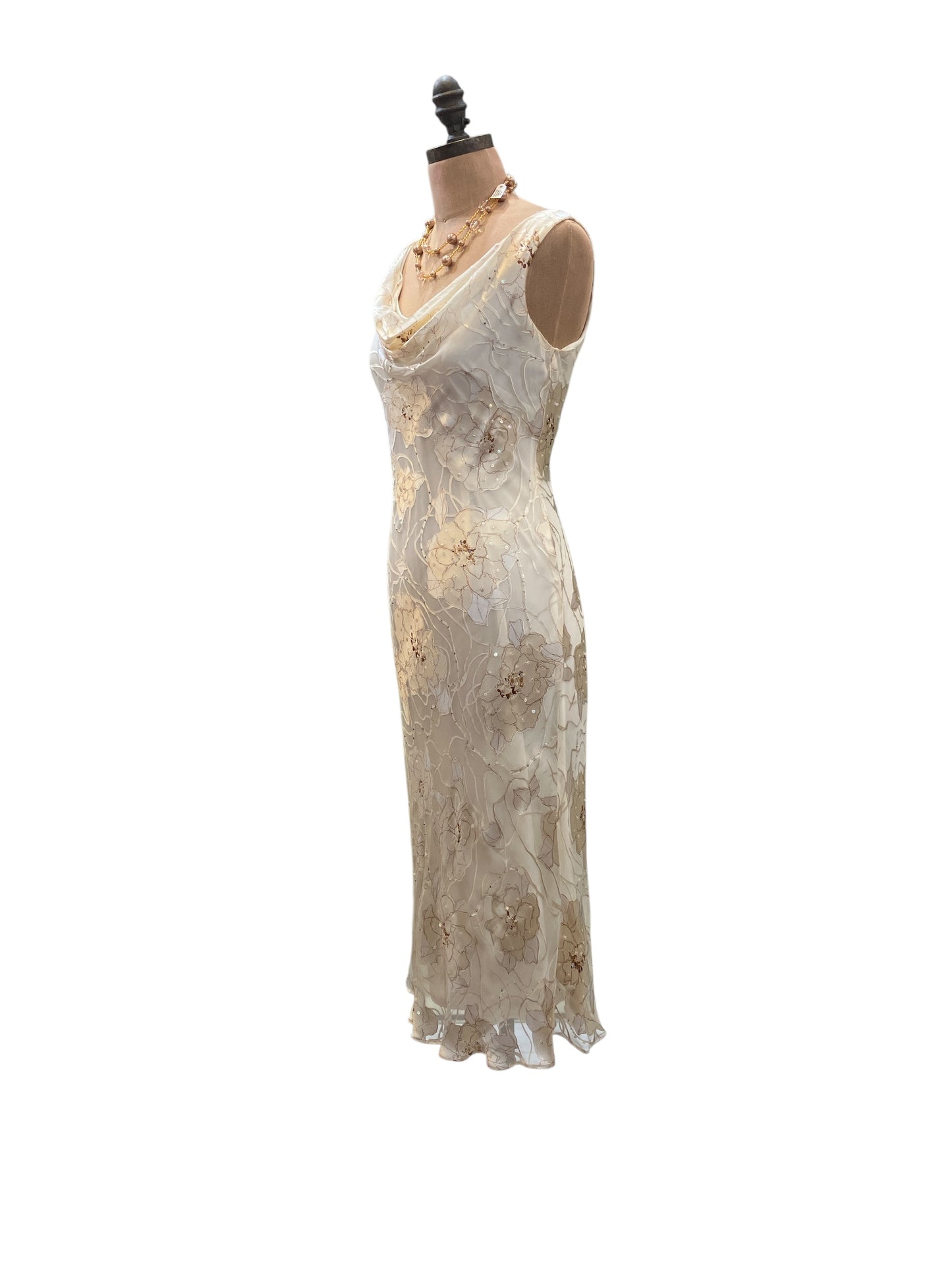 Vintage 1990s Alex Evenings Silk Blend Bias Cut Ivory And Champagne Floral Beaded Cocktail Dress with Matching Scarf