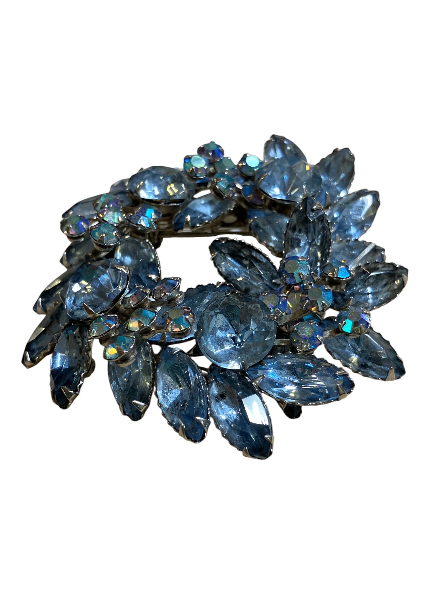 Vintage Large Light Blue Wreath Shaped Rhinestone Pin