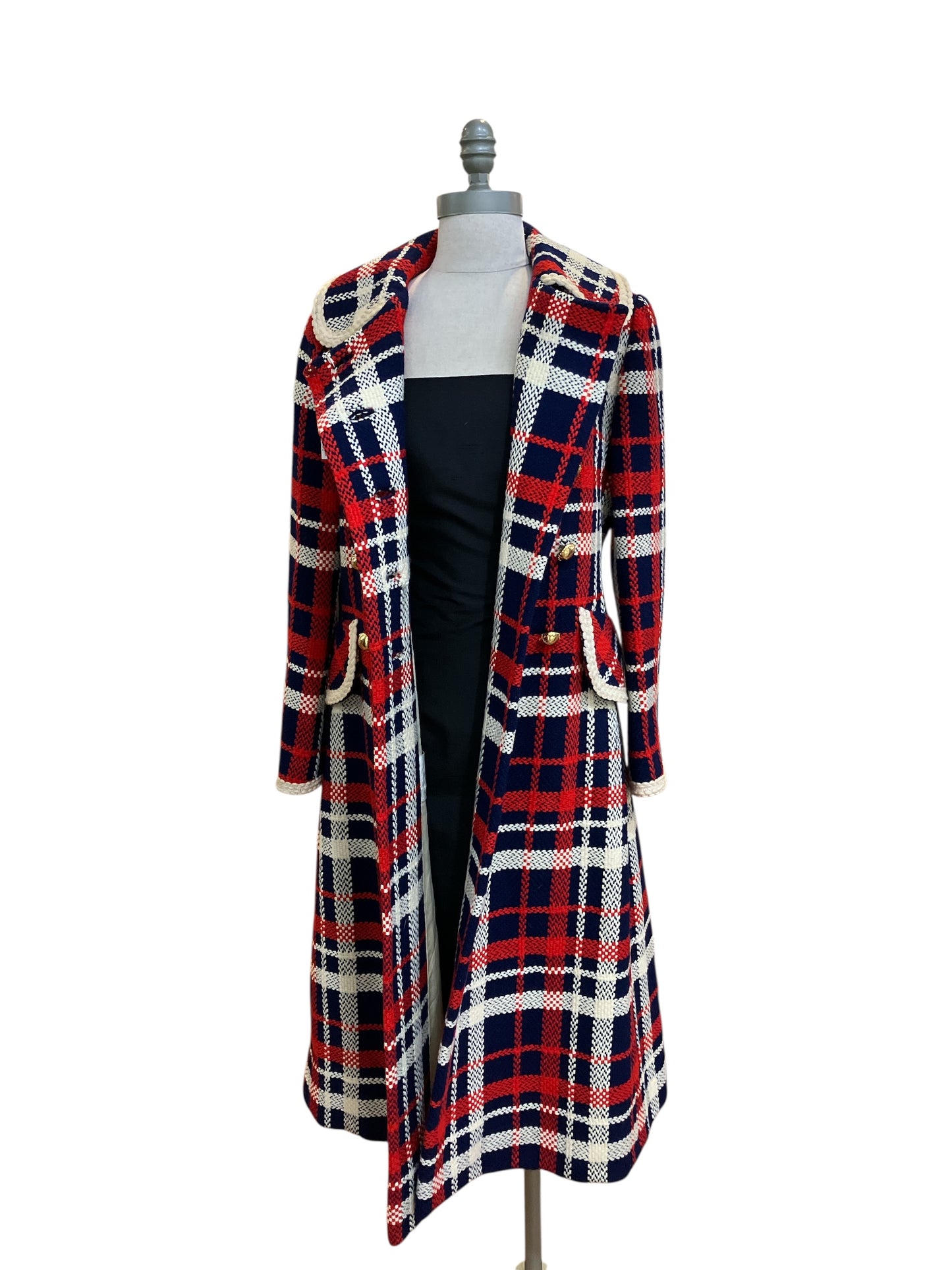 Vintage I. Magnin Couture 1971 Union Made Red White and Blue Plaid Wool Double Breasted Coat Gold Buttons