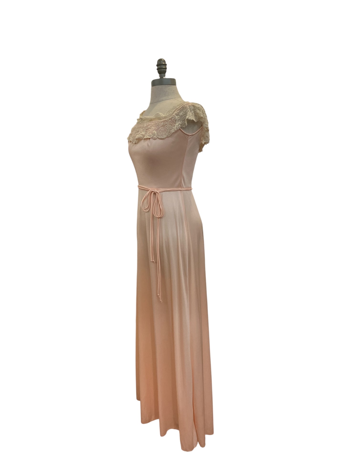Vintage 1970s Blush Peach Maxi Dress Ivory Lace Tie Waist A Line Dress