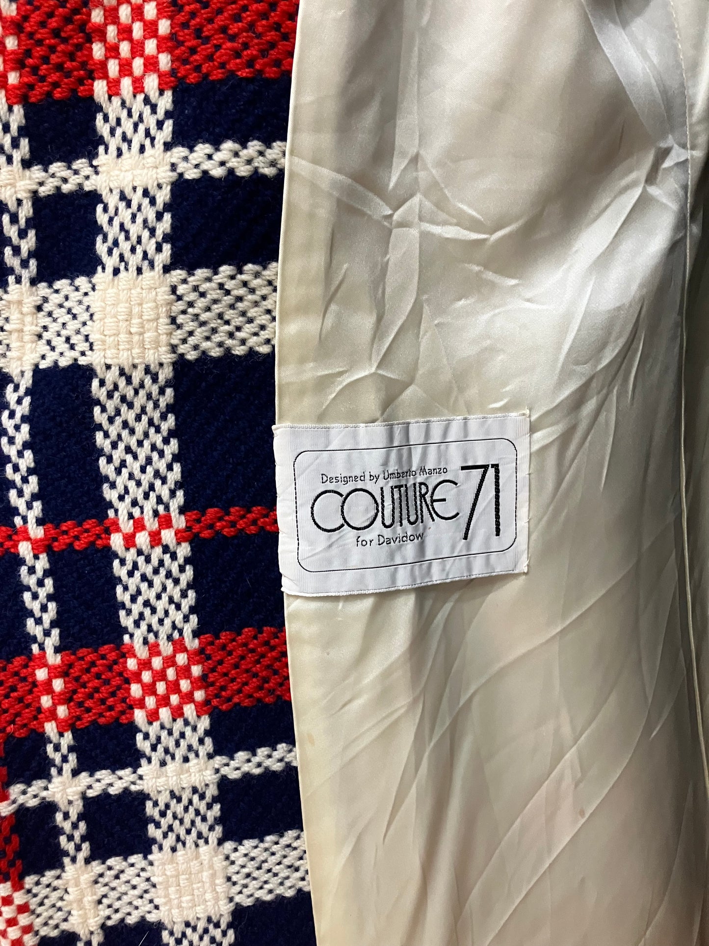 Vintage I. Magnin Couture 1971 Union Made Red White and Blue Plaid Wool Double Breasted Coat Gold Buttons