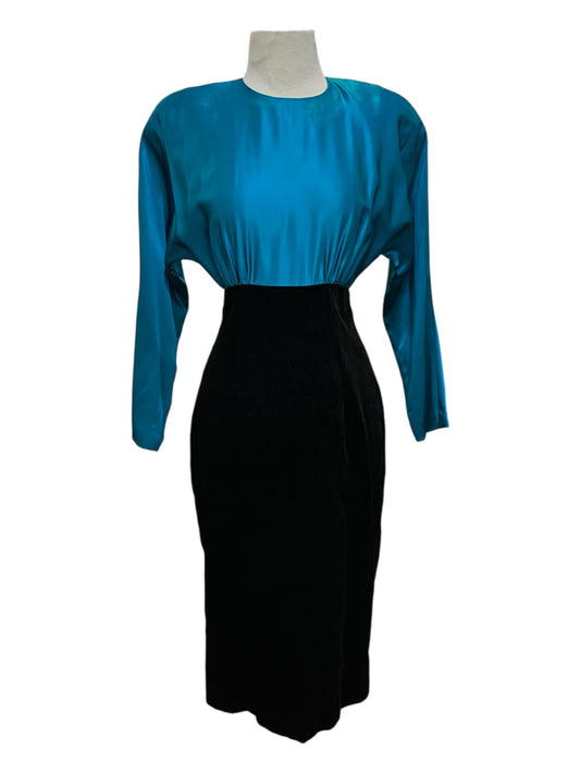 Vintage 1980s New with Tags St Gillian’s Silks Nordstrom Aqua and Black Velvet Silk Blend Peakaboo Dress