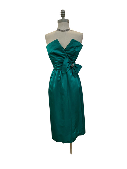 Vintage 1950s Handmade Blue/Green Strapless Wiggle Dress With Large Bow and Rhinestone Detail