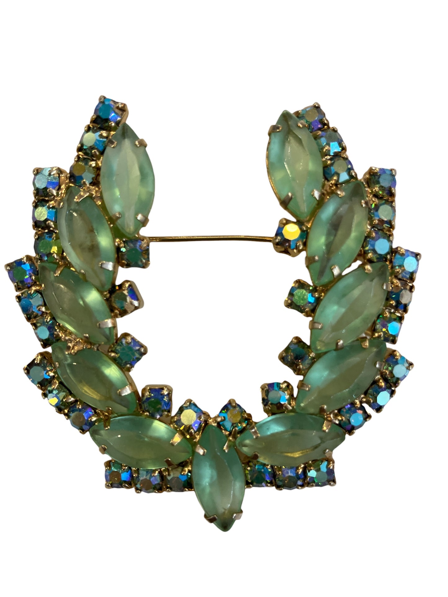 Vintage Juliana Pin Lime Green Horseshoe Shape with Light Green Pale Iridescent Stones Costume Jewelry Handmade