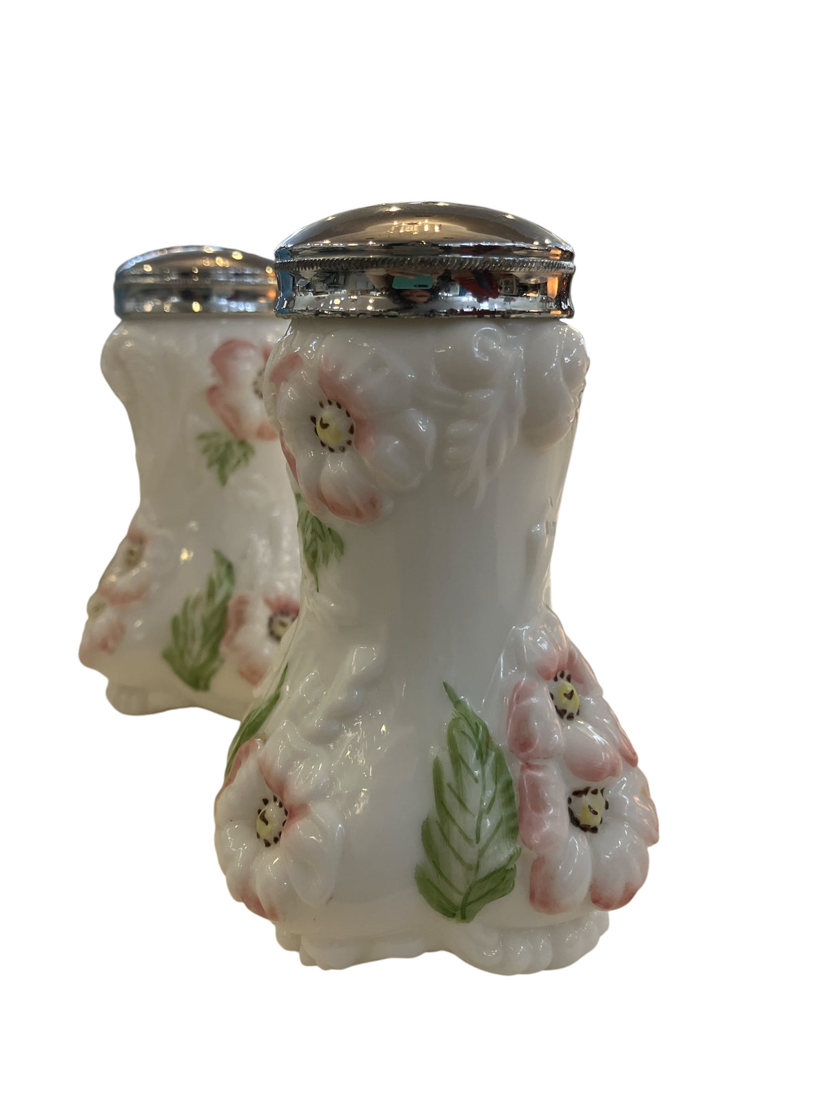 Vintage Fenton Milk Glass Hand Painted Salt and Pepper Shaker Set