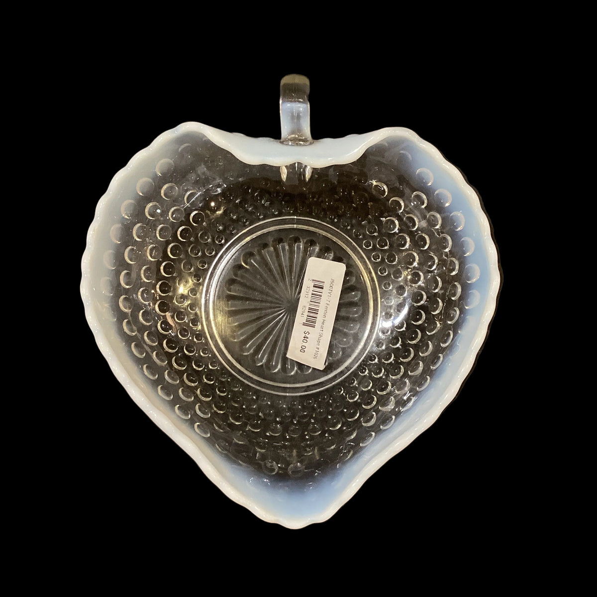 Vintage Fenton Silver Crest Opalescent Clear White Hobnail Heart Shaped Bowl with Handle (1pc)