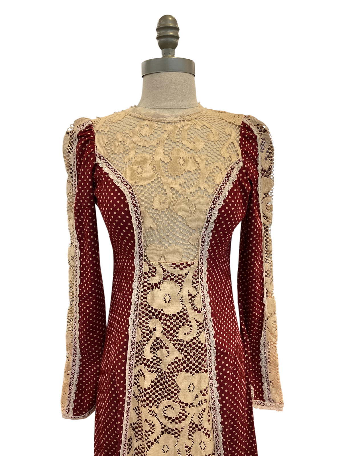 Vintage Gunne Sax by Jessica Black Label Burnt Orange Red Polka Dot Ivory Lace Sheer Renaissance Style Dress
