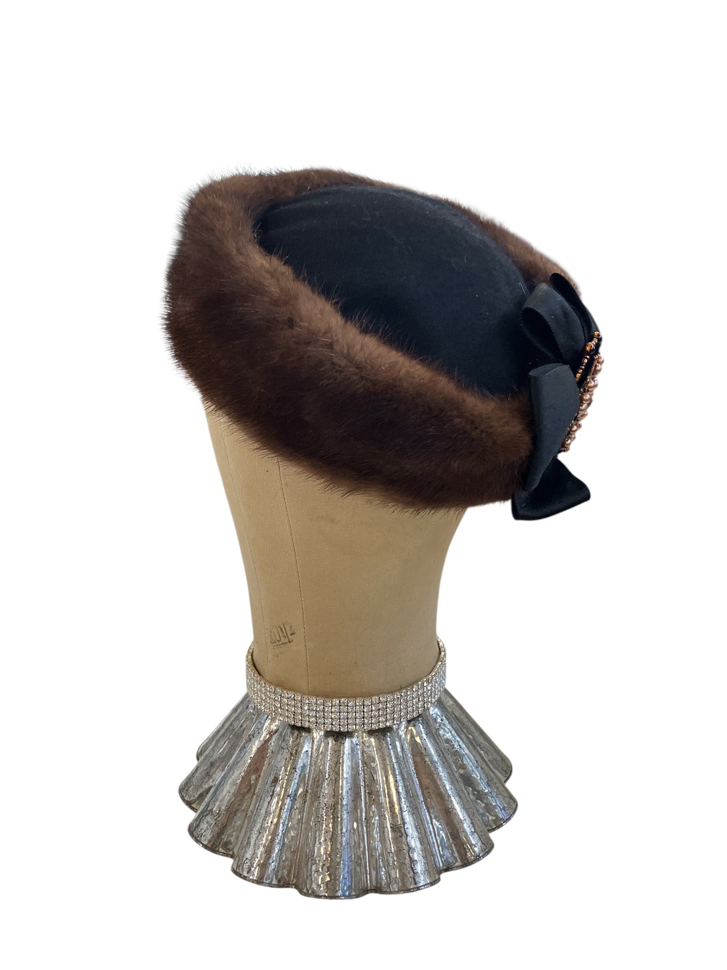 Vintage Bergdorf Goodman Custom One of a Kind Ladies Mink Dress Hat with Amber Rhinestone and Faux Pearl Beading