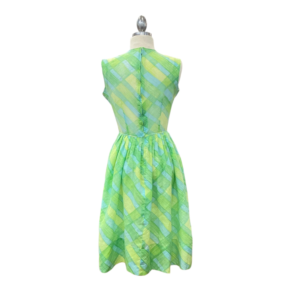 Vintage Early 1960s Gay Gibson Lime Green and Blue Abstract Gingham Shirtdress with Bow Nylon Zipper