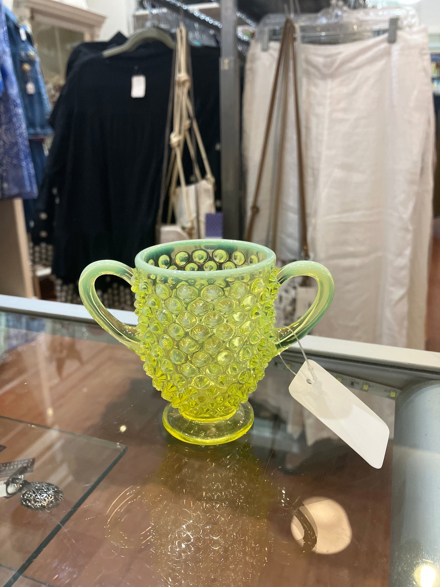 Vintage Uranium Glass Hobnail Cream and Sugar
