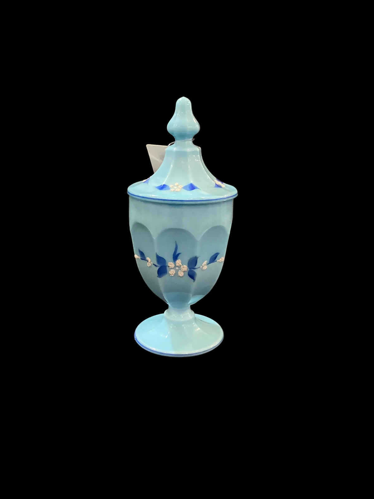 Rare Vintage Blue Milk Glass Hand Painted Footed Covered Container with Lid