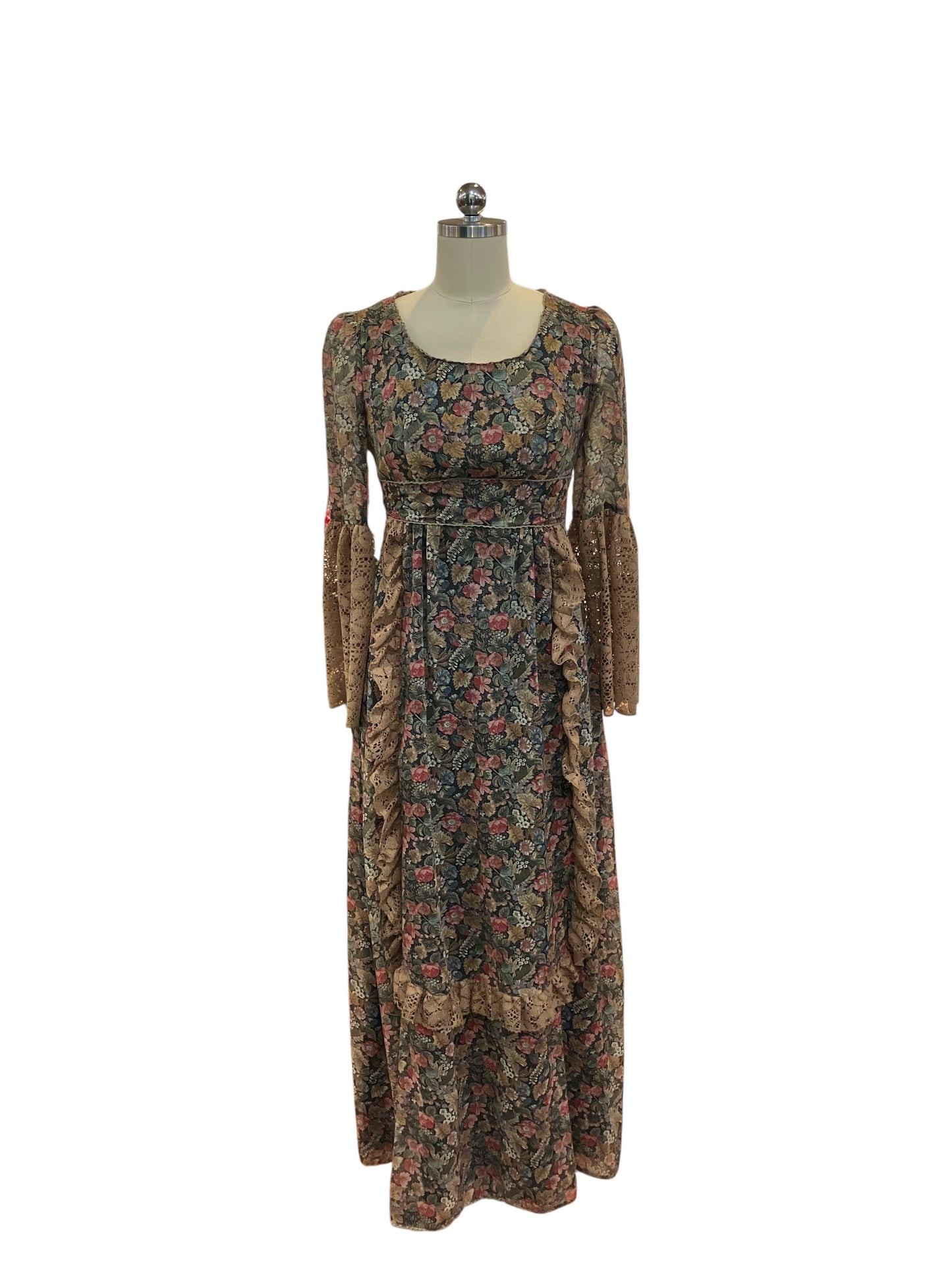 Vintage Late 1960s Early 1970s PBJ Jerrell Gunne Sax Style Mock Apron Dress Brown and Multicolor Floral