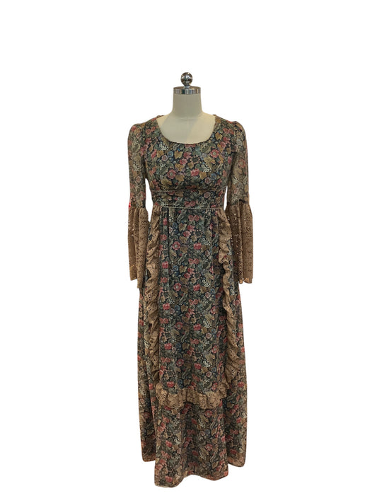 Vintage Late 1960s Early 1970s PBJ Jerrell Gunne Sax Style Mock Apron Dress Brown and Multicolor Floral