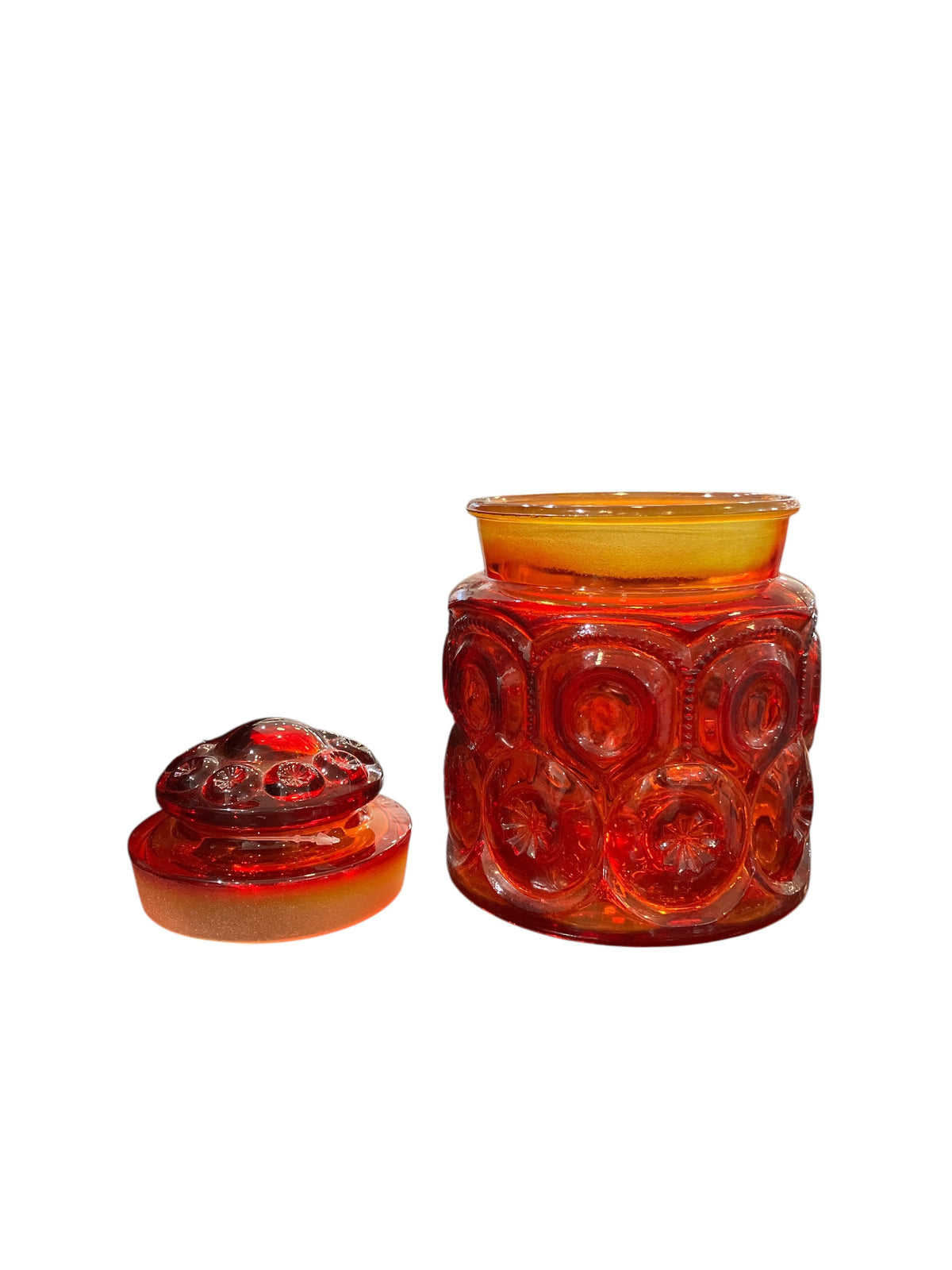 Vintage Amberina Moon and Star Midcentury Cookie Jar with Lid 7 Inches Tall