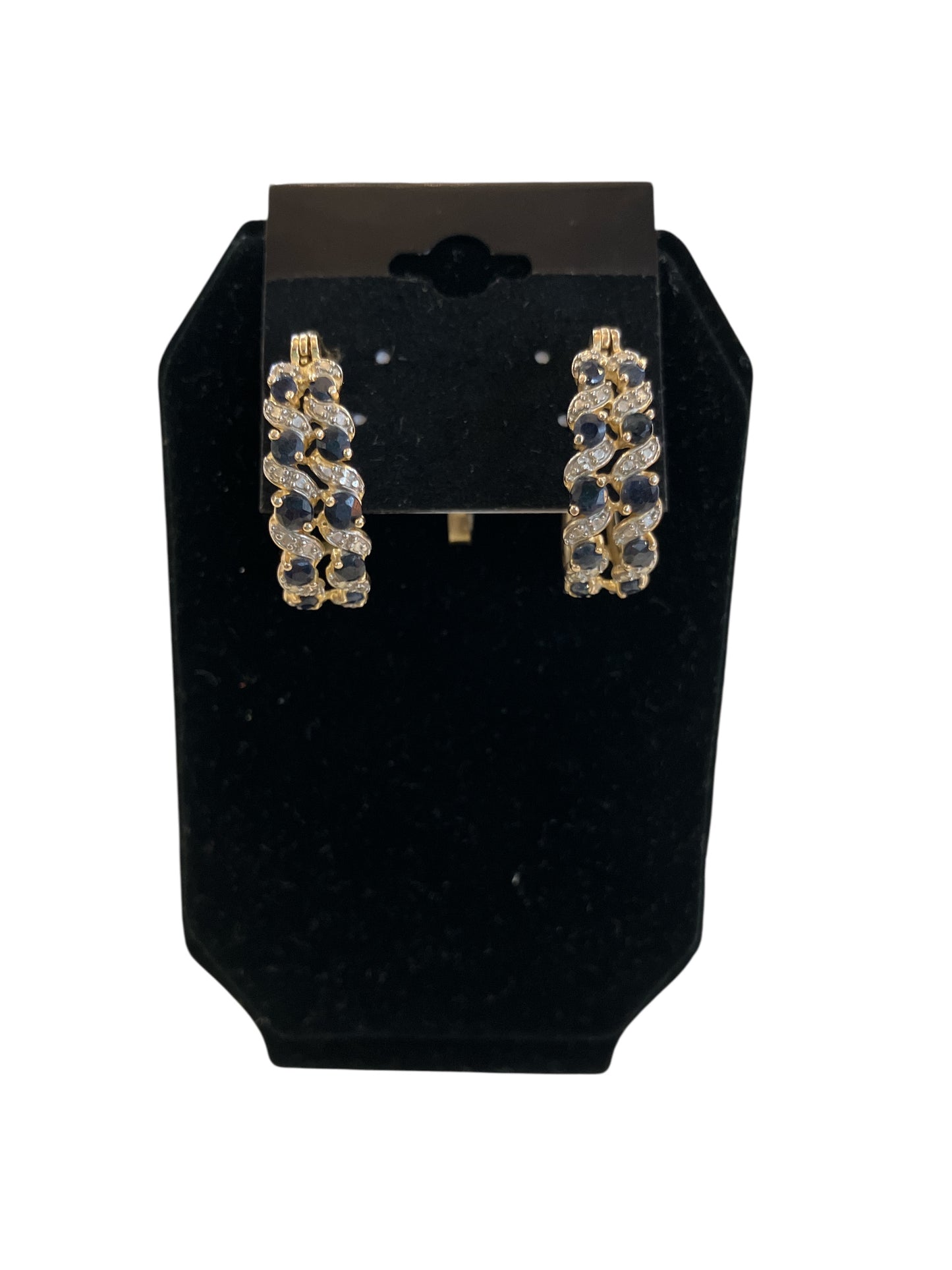 Vintage 18k Gold Plate With Blue and White Stones Hoop Earrings