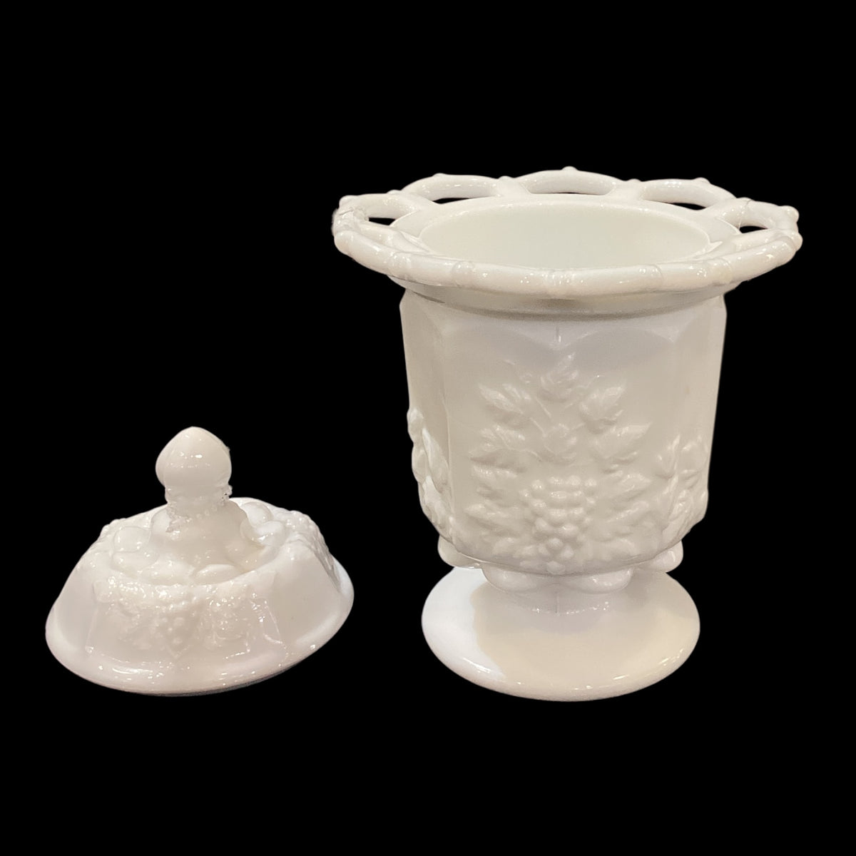 Vintage Milk Glass Candy Dish With Lid Grape Pattern White Open Edge Design (2pc 1 Dish 1 Lid)