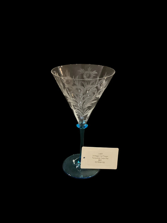Vintage Cut Flower Turquoise Stem Wine Cocktail Glass Goblet (1pc, 4 available)