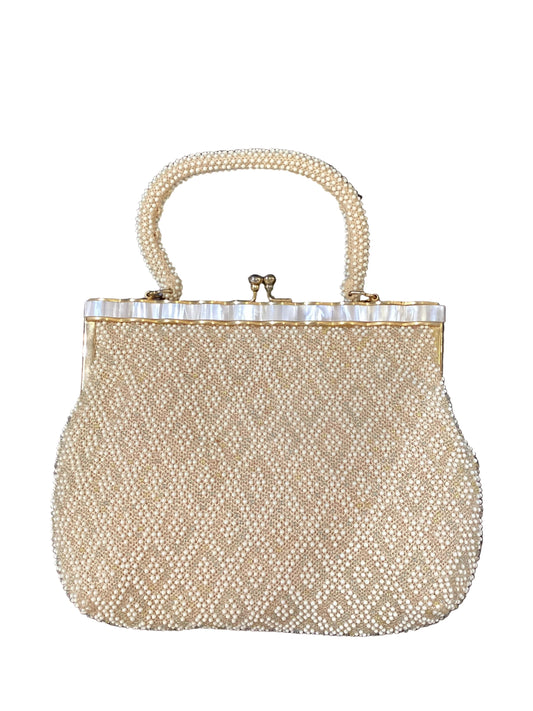 Vintage Soft Ivory Kisslock Beaded Purse with Faux Pearls Pastel Beads White Lucite Gold Accents