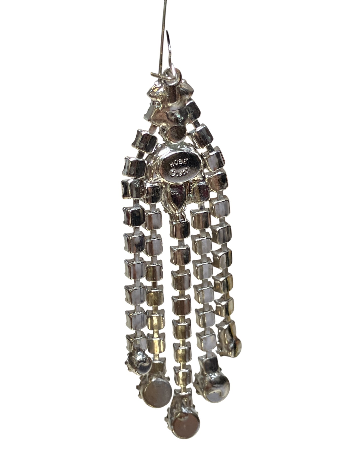 Vintage 1960s Rhinestone Tassle Statement Earrings Mark HOBE Pierced Back Dangle Large Clear Crystal Costume Jewelry