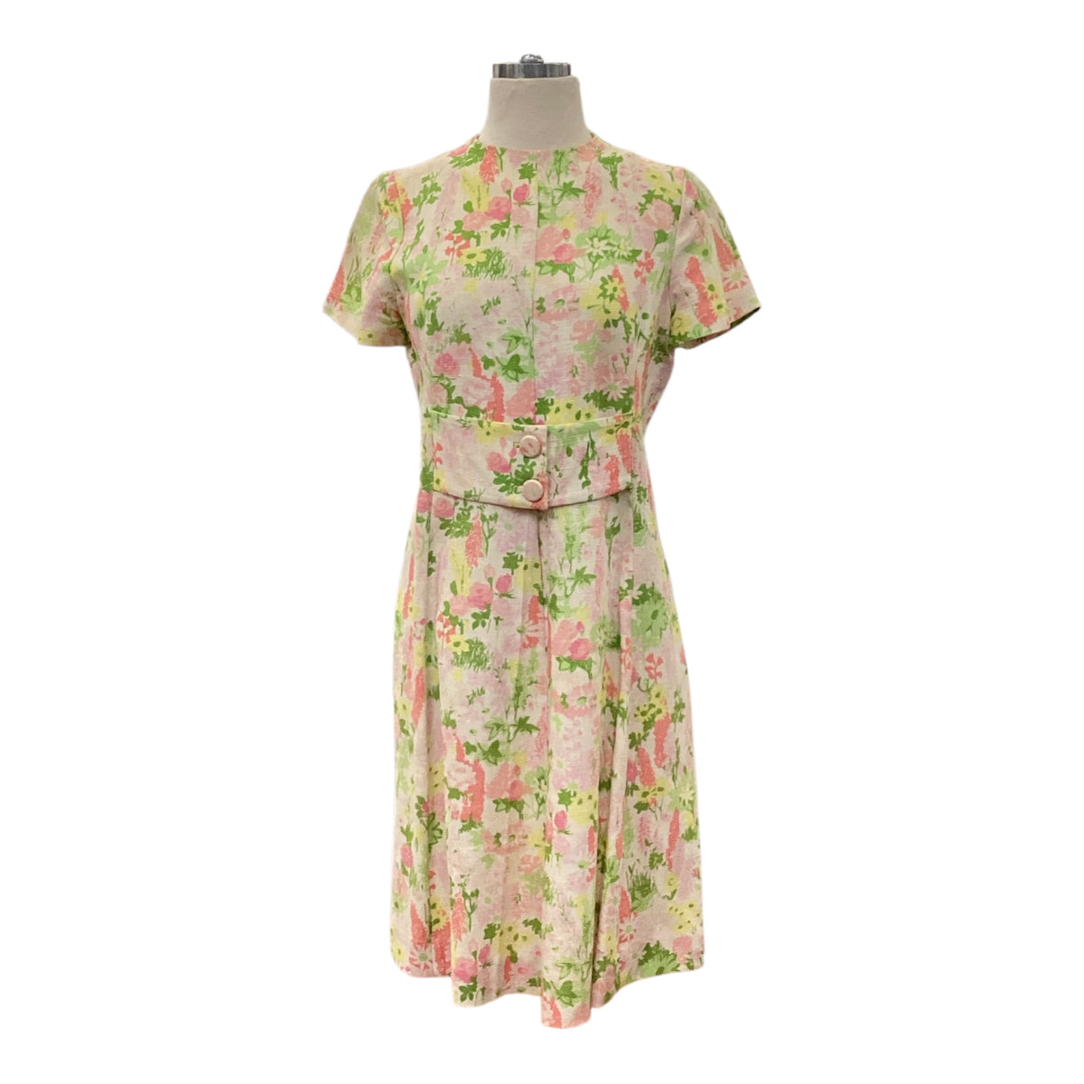 Vintage 1960s Handmade Linen Short Sleeve Sheath Dress Spring Floral Pattern Pink Light Yellow Green Fabric Button Front