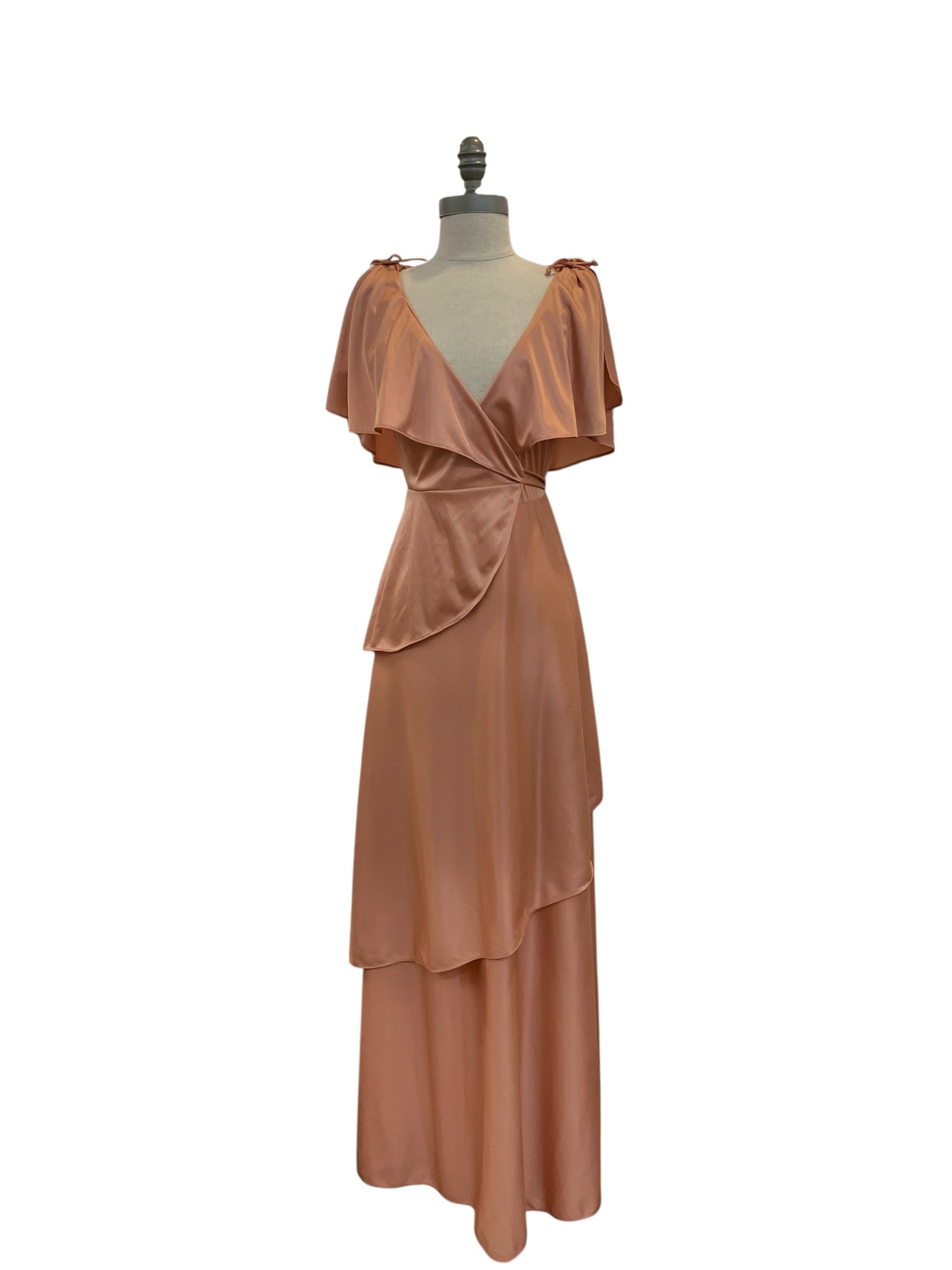 Vintage 1970s Union Made Dusty Rose Wrap Around Maxi Dress Three Tiered Tie Waist Plunging Neckline Cape Sleeve