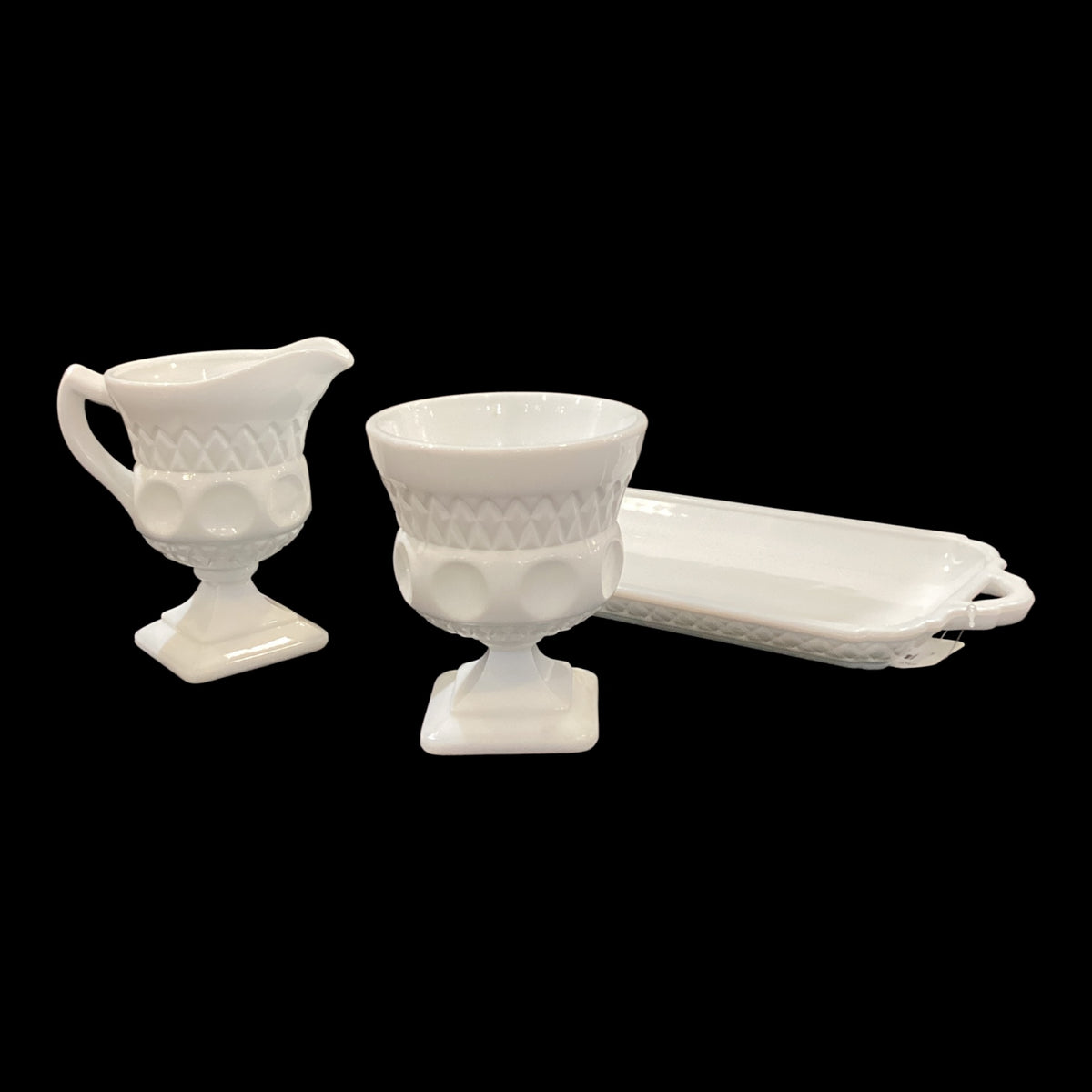 Vintage Milk Glass Cream Sugar and Serving Tray Set White Three Piece Set Sold Together (3pc total, 1 tray, 1 creamer, 1 sugar)