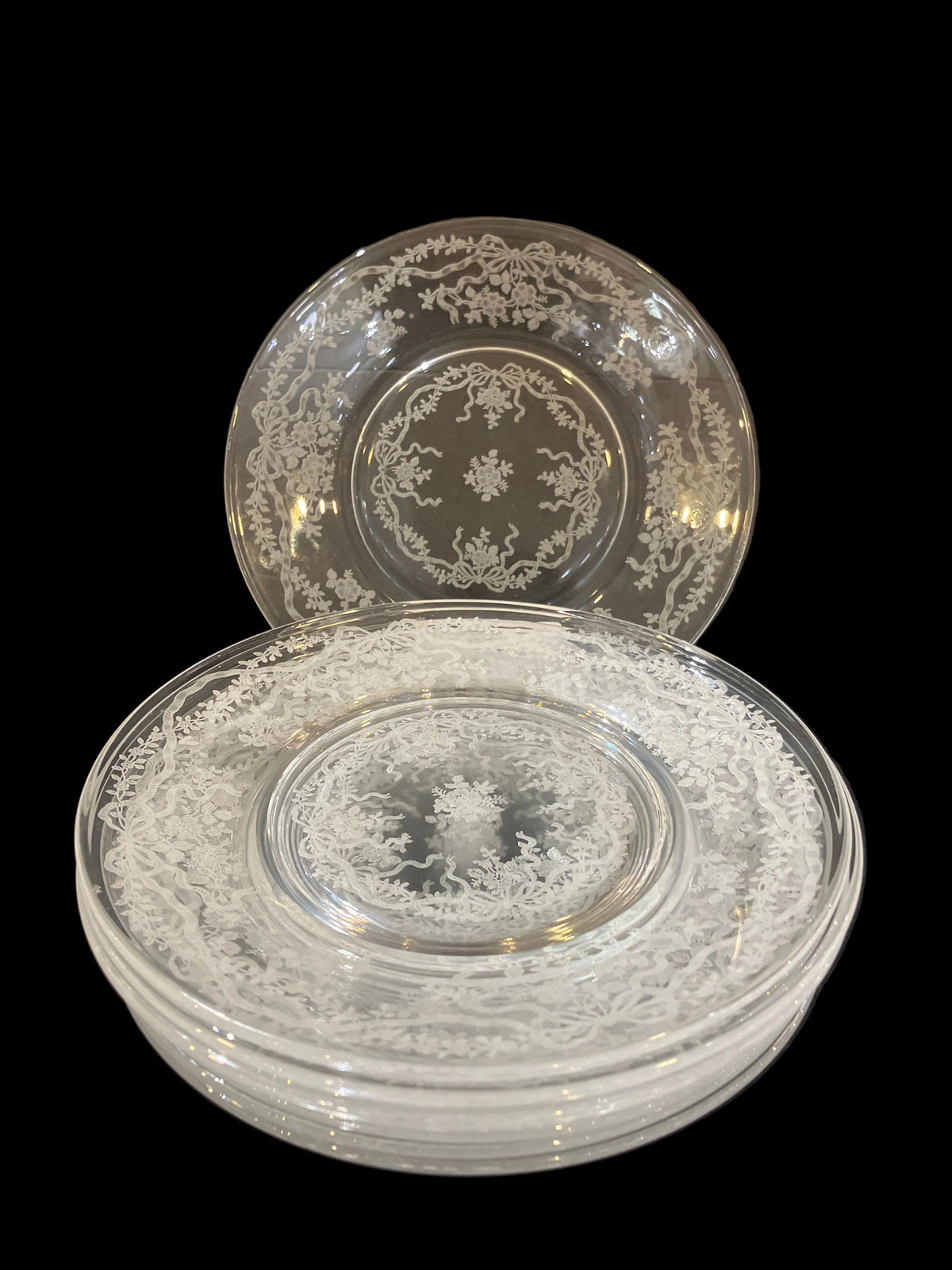 Vintage Etched Clear Glass 1940s-1970s “Romance” Pattern Ribbons Bows Ditsy Floral Design Salad Plate Set of 8 Sold Together (8pc)