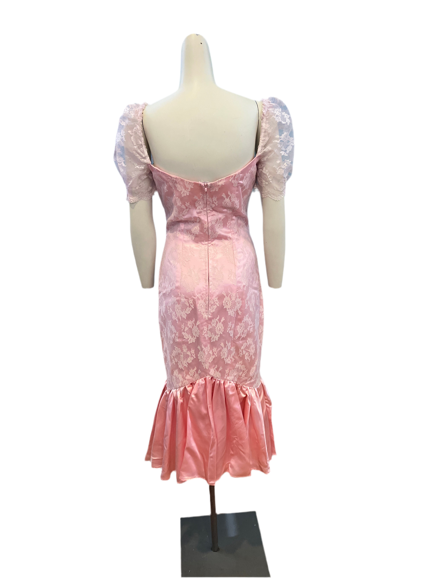 Vintage Handmade 1980s Pink Satin & Lace Dress