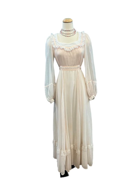 Vintage 1970s Gunne Sax Pale Pink Coquette Maxi Dress Size 13