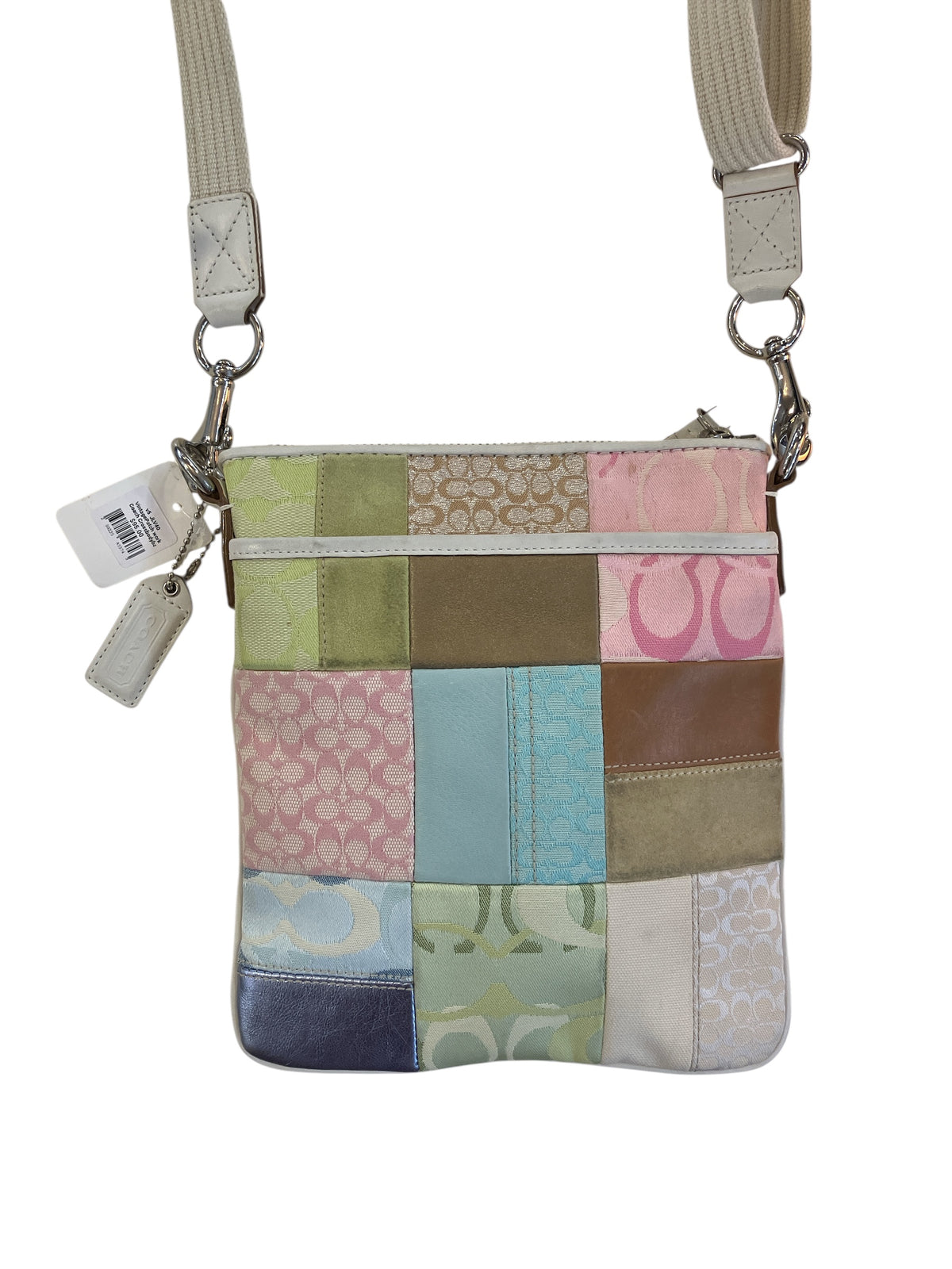 Vintage Y2K Coach Early 2000s Pastel Signature Canvas Patchwork Style Adjustable Crossbody White Leather Trim