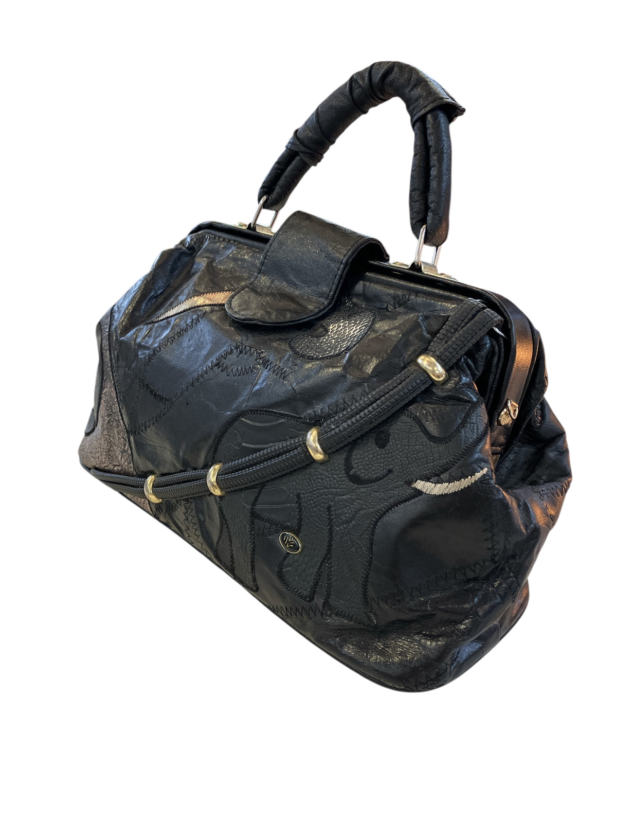 Vintage Elegance Leather Bag Patchwork with Elephant and Lowercase e