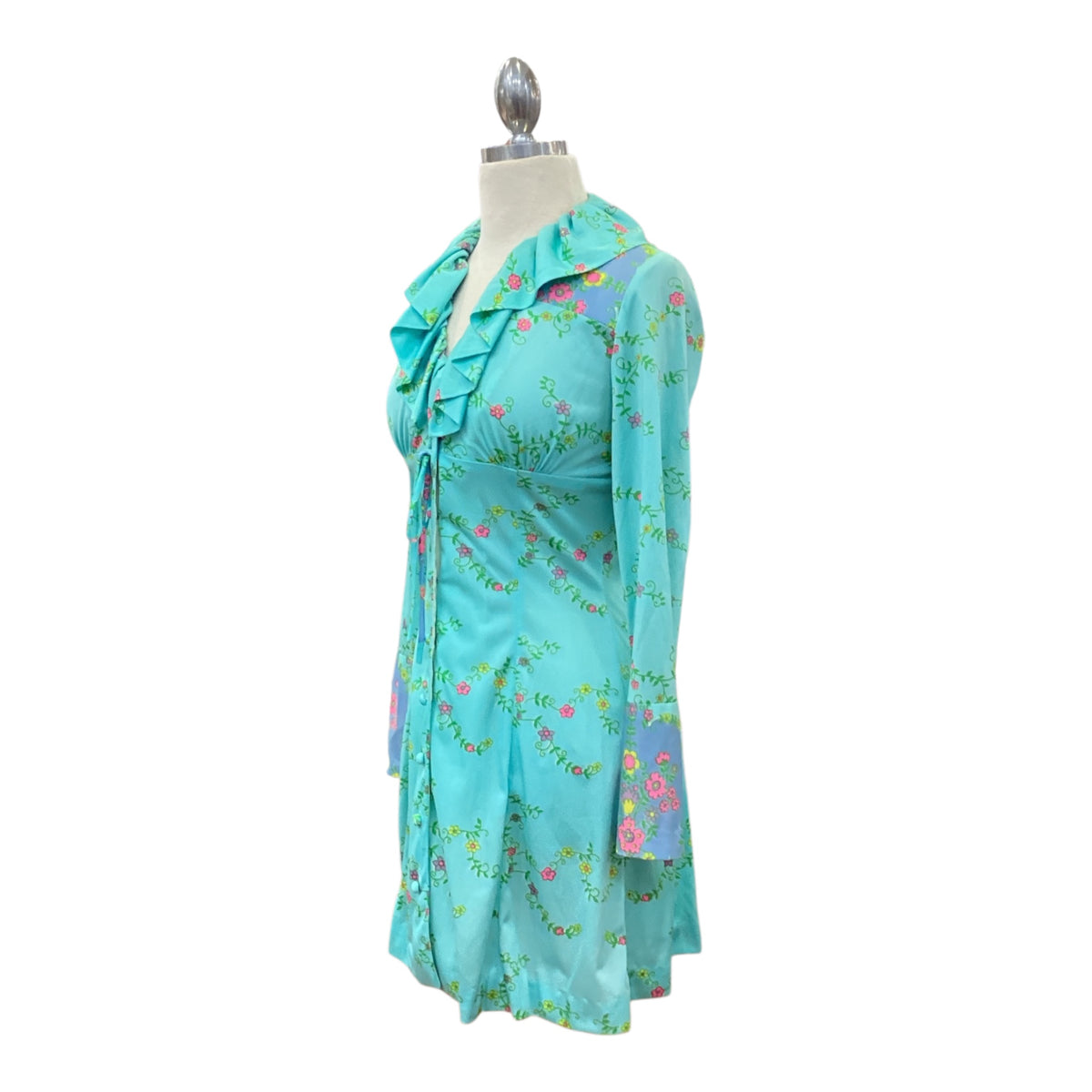 Vintage 1960s Mini Dress Sunday’s Child Label Ditsy Floral Print Ruffle Collar Turquoise Periwinkle