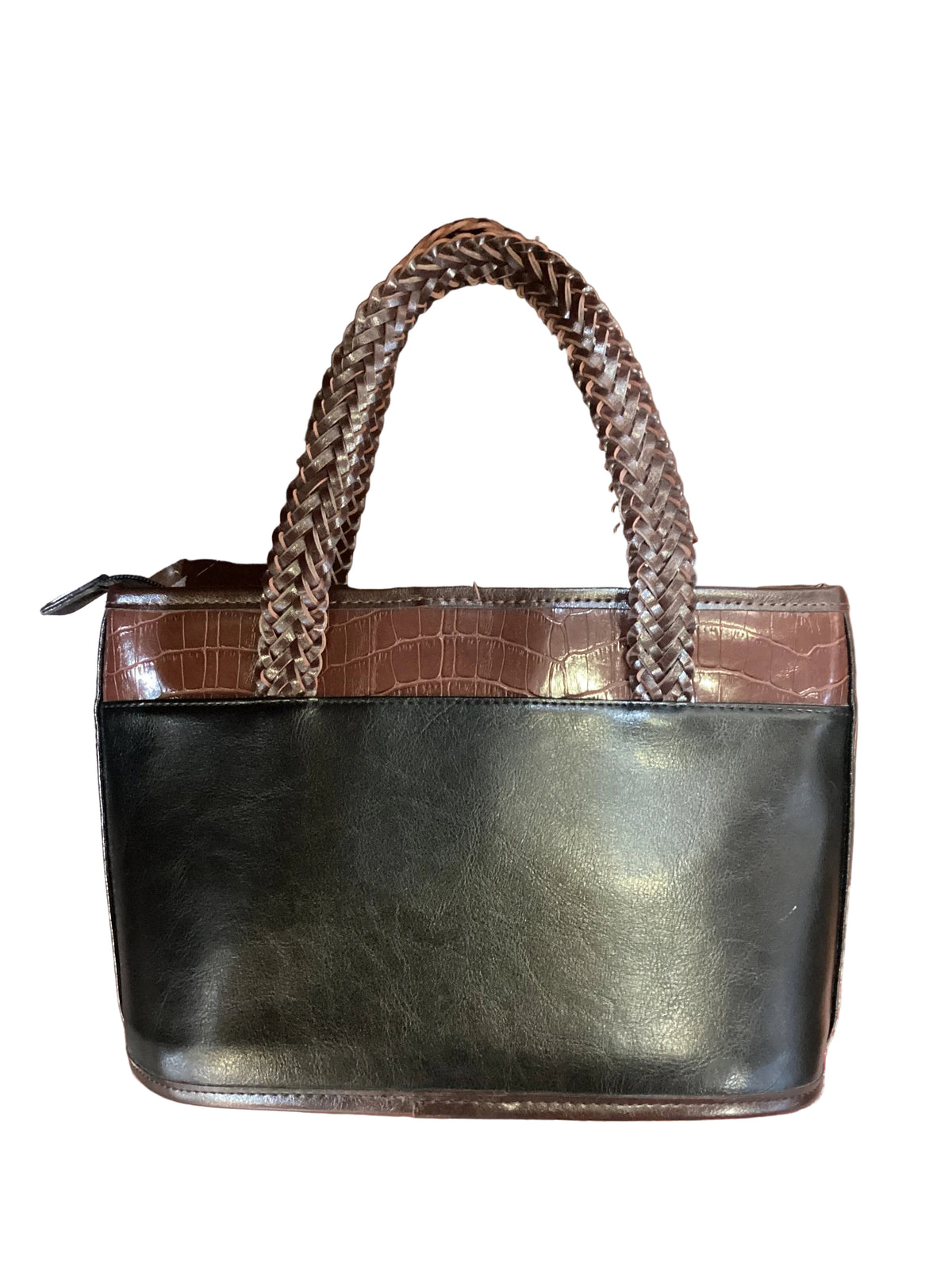 Vintage Brighton Hearts and Bows Black Smooth Leather Brown Croc Embossed Leather Silver Hardware Braided Handle